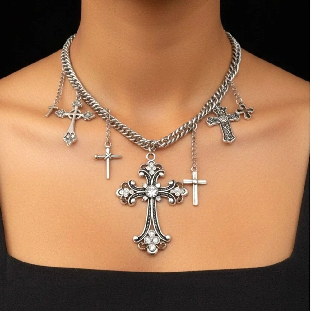 New Silver Rhinestone Multi Cross Charm Curb Chain Necklace Goth Grunge